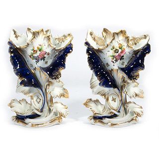 Pair of Hand-painted Gilt Floral and Cobalt Vases, Late 19th/Early 20th Century