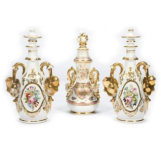 3 Gilt Porcelain Decanters with Stoppers