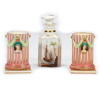 Pair of Royal Worcester Column-form Vases, with a Decanter