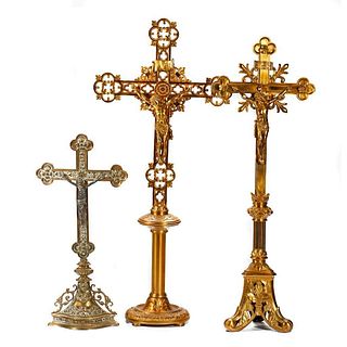 Group of 3 Gilt Metal Standing Crucifixes