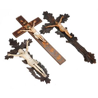 3 Black Forest Style Carved Hanging Crucifixes