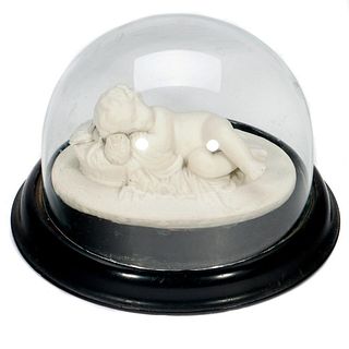 Porcelain Sleeping Baby Figurine Under Glass Dome