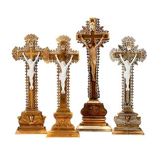 Group of 4 Ornate Gilt Standing Crucifixes