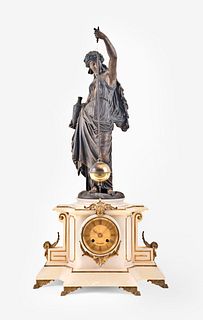 A large French figural mantel or table clock with conical pendulum