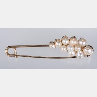 A 10kt. Yellow Gold and Cultured Pearl Brooch,