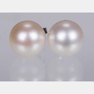 A Pair of 14kt. White Gold and Pearl Earrings,