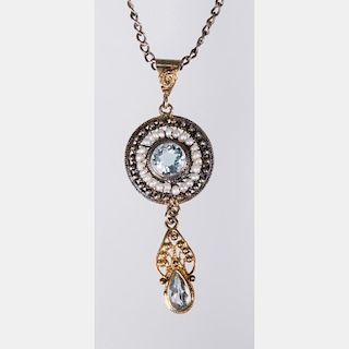 A Silver, Aquamarine and Pearl Pendant and Necklace,