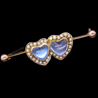 VICTORIAN MOONSTONE AND PEARL DOUBLE HEART BROOCH