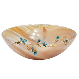 POLISHED AGATE BOWL WITH FLORAL GOLD AND ENAMEL APPLIQUÉ