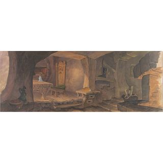 Taran's house hand-painted panorama master background from The Black Cauldron