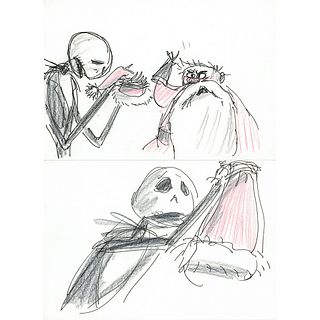 Jorgen Klubien production storyboard drawings of Jack Skellington and Santa Claus from The Nightmare Before Christmas