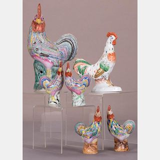 A Collection of Chinese Porcelain Chicken Figurines, 20th Century.