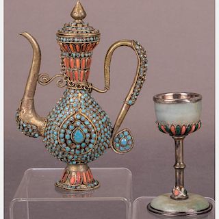 A Silver, Jade, Turquoise and Coral, Stemmed Goblet and Teapot.