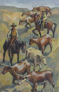 Jacob Elshin ''Longhorns'' (Mural Study) 1930's Oil