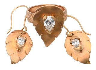 Three Piece Valencia Earring and Ring Set, 14 karat gold leaf form, each having diamond mounted on the leaf, approximately 1/2 carat on ring and each 