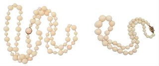 Two Carved White Stone Coral Beaded Necklaces, one having 18 karat gold clasp, 32 inches long; along with one having a 14 karat gold clasp, 18 3/4 inc