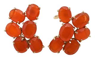 Pair of 14 Karat Gold Tambetti Ear Clips, having six coral colored stones, 18.8 grams.