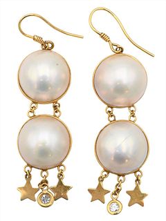 Pair of 14 Karat Gold and Pearl Drop Pendant Earrings, ending in two star drops, and round diamond.
