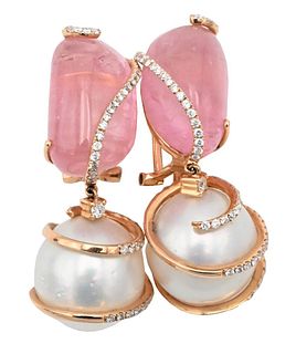 18 Karat Yellow Gold Earrings, set with pink quartz and pearl, 13.8 millimeters, each with fine 14 karat and diamond surround, height 1 1/2 inches.