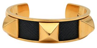 Hermes Cuff Bracelet, gold tone with leather, marked Hermes.