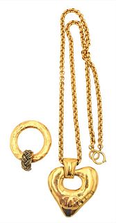 Authentic Chanel Necklace, gold tone Chanel heart shaped pendant, along with a Chanel round pendant; all marked for Chanel Made in France.