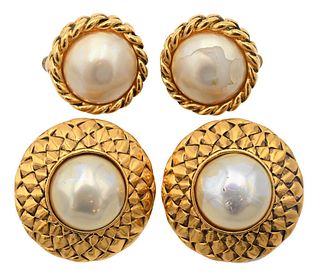 Two Pairs of Chanel Earrings, round with faux pearl center, marked Chanel Made in France, 2419 and 2809.