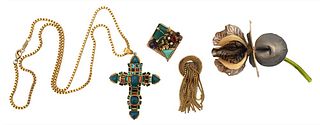 Five Piece Lot, to include Poggi necklace, along with a stone Poggi cross pendant, marked Poggi Paris; a Cilea flower brooch, marked Cilea Paris; a sq
