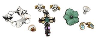 Group of Sterling Jewelry, to include a flower brooch with carved hardstone, earrings depicting grapes, bell flower bracelet, rings, etc.