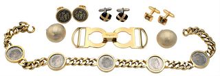 10 Piece Lot, to include a pair of men's cufflinks, to include sterling and 14 karat gold with black enamel; a Ferragamo belt buckle; three pairs of c