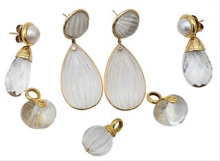 Two Pairs of Gold and Glass Earrings, to include pair 14 karat gold with drop pendants, pair of 18 karat gold with drop pendants, along with two pairs