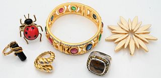 Group of Jewelry, to include Trifari ring, sterling ring Philippe Ferrandis ladybug ring, silver ring with tiger eye stone, Bijoux Cascia bracelet mou