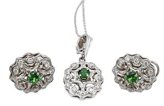 Three Piece Earring and Necklace Set, 14 karat gold mounted with diamonds and center green stones, marked 585, 17.7 grams.