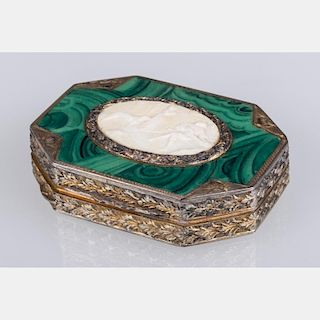 A Continental Carved Shell, Malachite and Gilt Metal Compact, 19th Century.