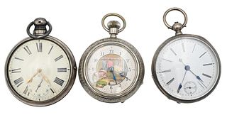 Three Pocket Watches, to include two silver, one having double case, along with one having paper face and mechanical tailor; 55 mm, 51 mm, 54.4 mm. Pr