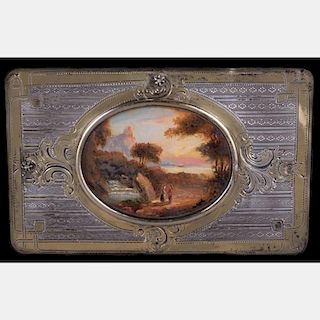 A Continental Silver and Gilt Plaque with Painted Landscape and Two Diamond Melee, 19th Century.