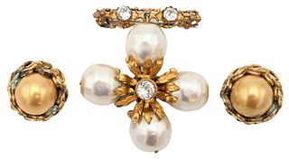 Three Vintage Chanel Pieces, to include a brooch having faux pearls, along with a pair of ear clips, all marked for Chanel.