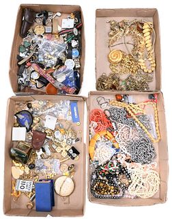 Four Tray Lots, to include a group of watches; Gucci; Burberry; Jaeger Lecoultre gold color necklaces; pins; brooches; along with rings.