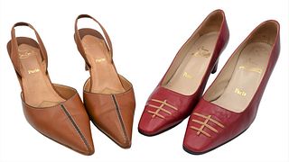 Two Pairs of Christian Louboutin Red Bottom Shoes/Pumps, red leather and tan leather, both size 40.
