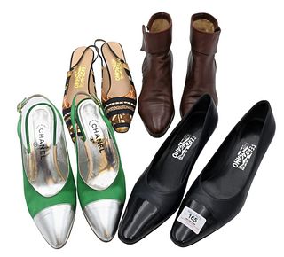 Four Pairs of Women's Shoes/Pumps, to include green Chanel, 39 1/2; along with three Salvatore Ferragamo, two sized 9 1/2, one sized 9.
