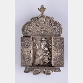 A Russian Orthodox Silver and Pewter Travel Skladen Icon Depicting Our Lady of Tikhvin, 20th Century.