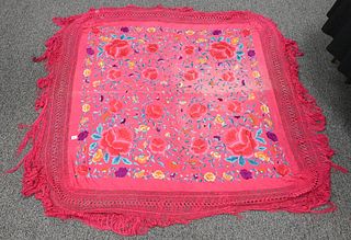 Silk Embroidered Piano Shawl, having colored flowers, largest 5' 5" x 5' 9".