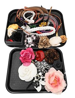 Group of Flower Pins, belts, Johnny Loves Rosie London, Kenneth Lane, Twill, Silk, Leather, along with etrow/enameled flowers, etc.