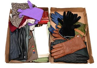 Group of Clothing Accessories, to include six hats, gloves, leather gloves, cashmere, Cire, along with size 7 Roeckl.