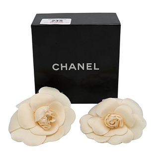 Two Chanel Silk Flower Pins, in original box.
