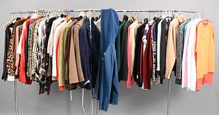Two Racks of Vintage Women's Clothing, to include sweaters, blazers, and blouses from Brooks Brothers, Rewe, Jean-Louis Scherrer, Saint Laurent, Apost