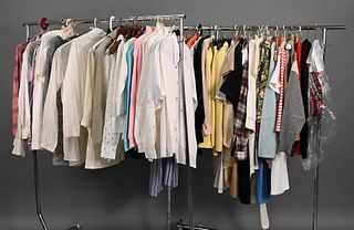 Two Racks of Vintage Women's Clothing, to include blouses, blazers, skirts; along with sweaters from Laurel, Banana Republic, J. Crew, Sonia Bogner, S