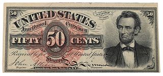 One Fourth Issue 50 Cent Fractional Currency, paper bank note; along with a 1863 Lincoln American Bank Note.
