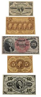 Group of 5 Washington Fractional Currency, to include postage stamp bank notes, 3 cents, 5 cent, 2 are 25 cents, 10 cents, in excellent condition.