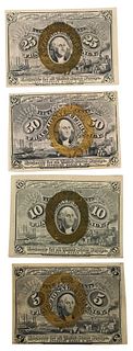 Set of 4 Washington Fractional Currency, to include paper bank notes, receivable for all United States stamps 1863, 5 cent, 10 cent, 25 cent, 50 cent,