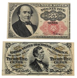 Two 25 Cent Fractional Currency, to include paper bank notes, fifth issue Robert Walker and 1863.